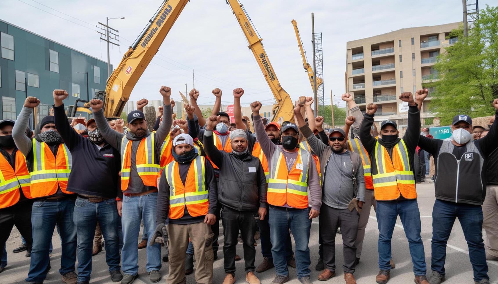 construction workers raise their hands in the air labor day, photo