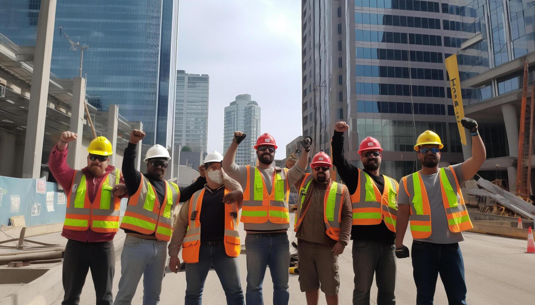 construction workers raise their hands in the air labor day, photo