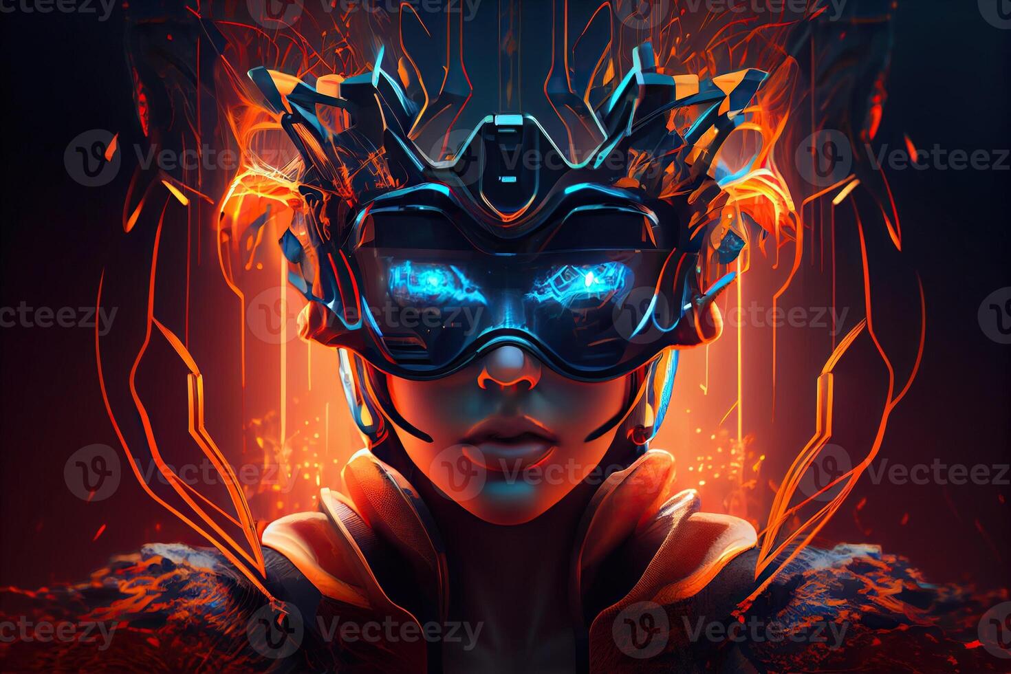 illustration of Metaverse concept and virtual world elements. Side view of human face in augmented or virtual reality headset inside the metaverse photo