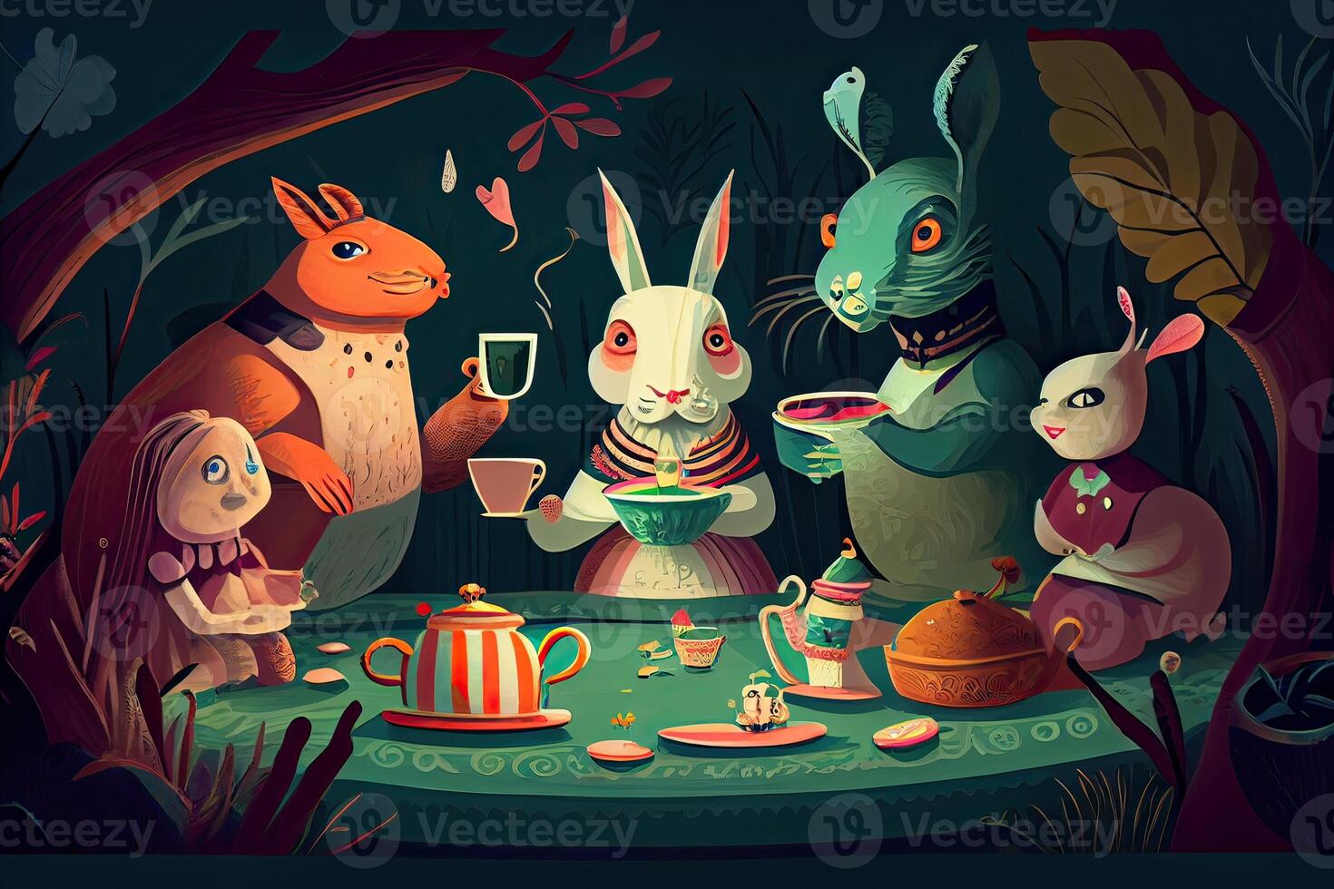 illustration of a whimsical tea party scene with a variety of talking animals and characters, in a colorful and playful style in wonderland photo