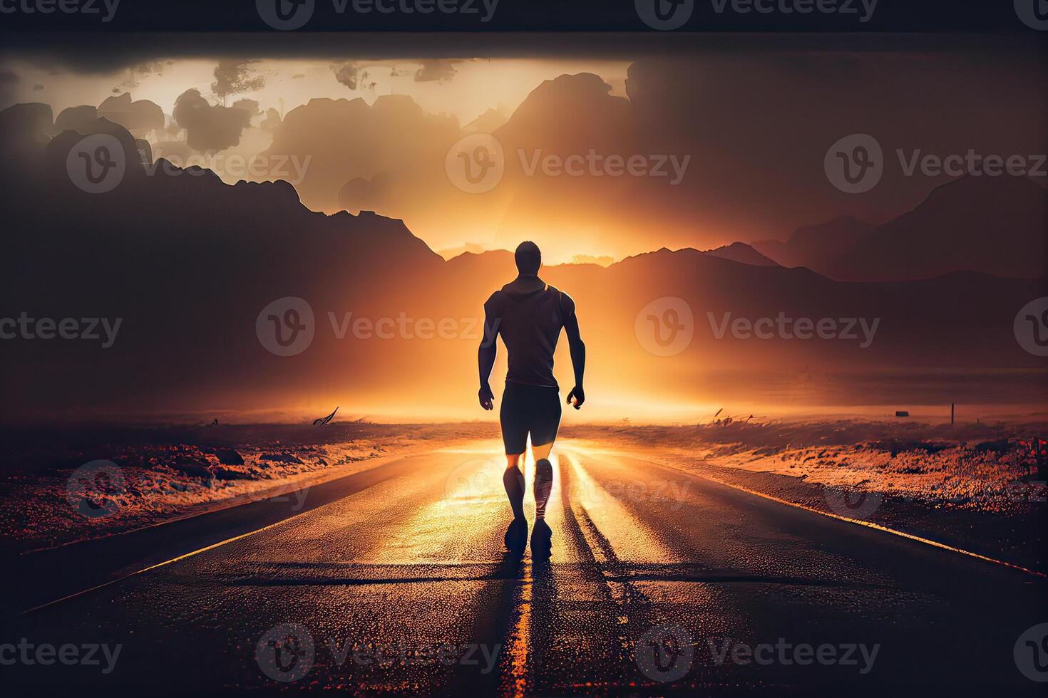 illustration of an athletic man walking on a deserted road into the sunset. The image is focused on the man's leg, which emphasizes his physical fitness and determination photo
