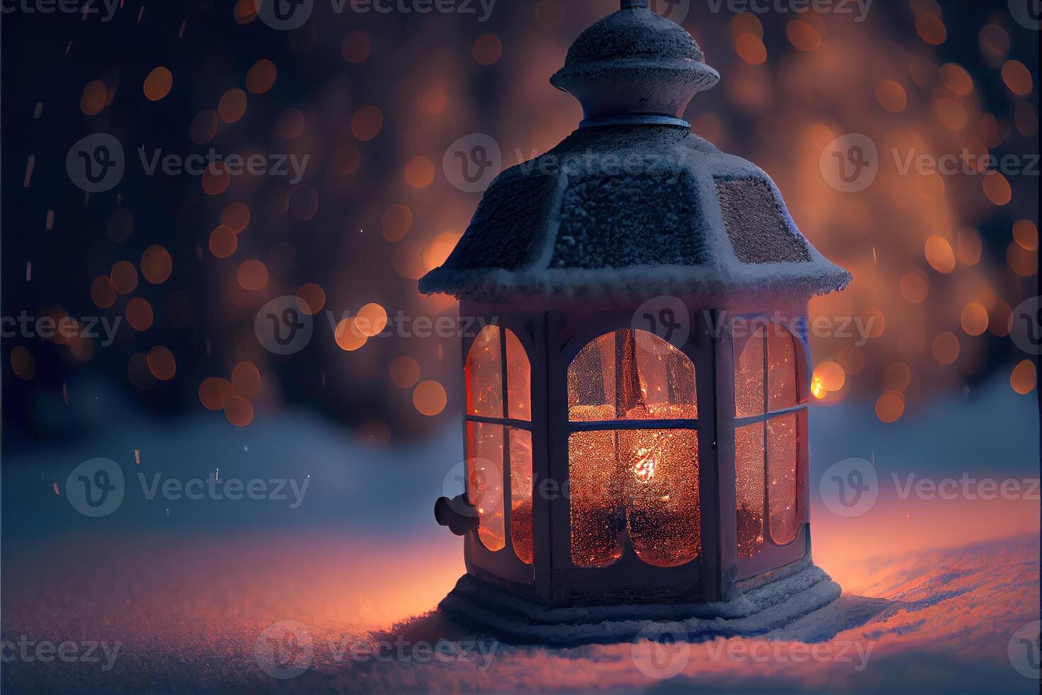 illustration of lantern with candles on a beautiful blue background with gold dust, stars and snow. Beautiful Christmas or New Year background. Neural network generated art. photo