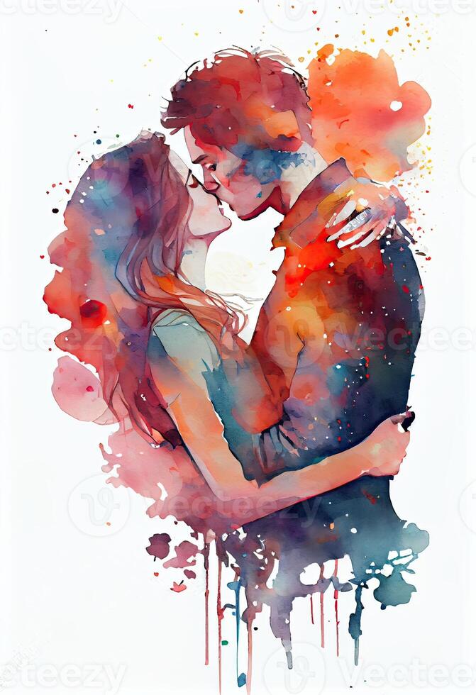 illustration of a couple in love hugging and kissing. Young love. Watercolor illustration of kissing and hugging couple surrounded by hearts. Romantic date. Valentine's day card photo