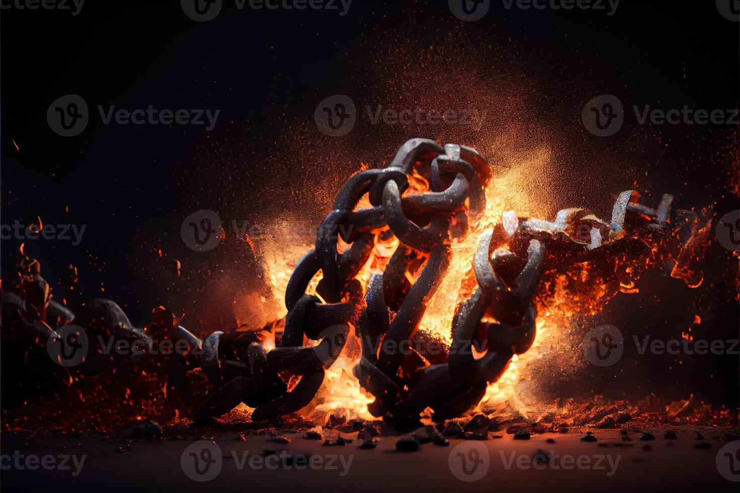 illustration of breaking steel chain with fire dust in dark background. Neural network generated art. photo
