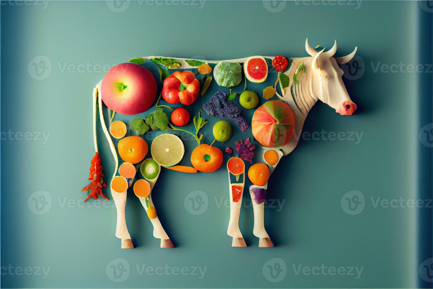 generativo ai ilustración de un vaca hecho de Fresco frutas y vegetales foto