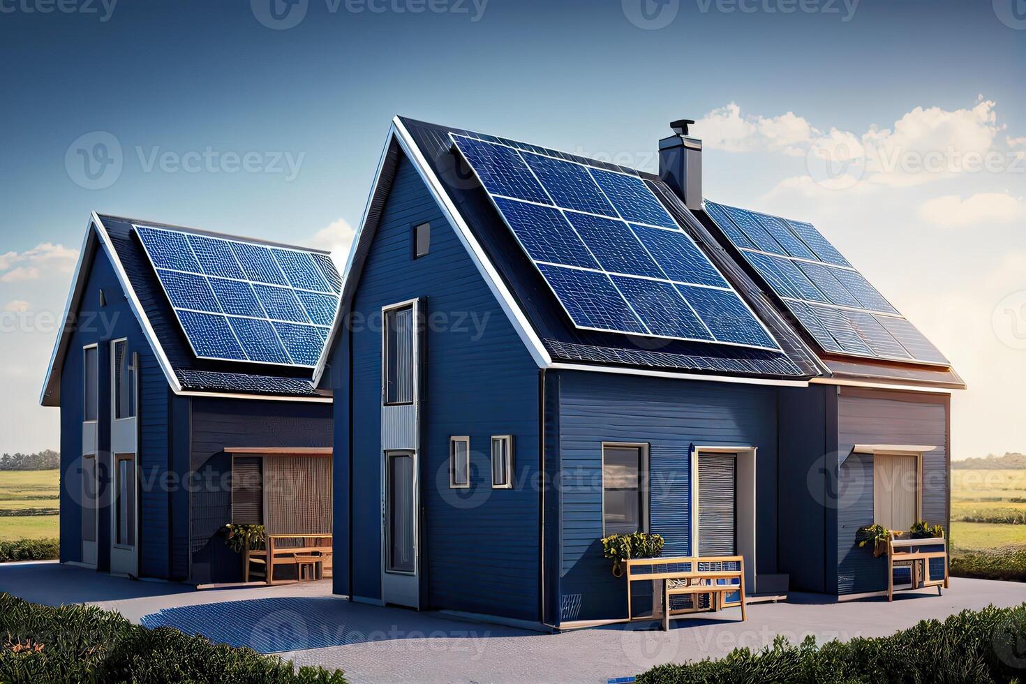 illustration of a newly constructed houses with solar panels on the roof under a bright sky, a close up of a brand new structure with blue solar panels photo