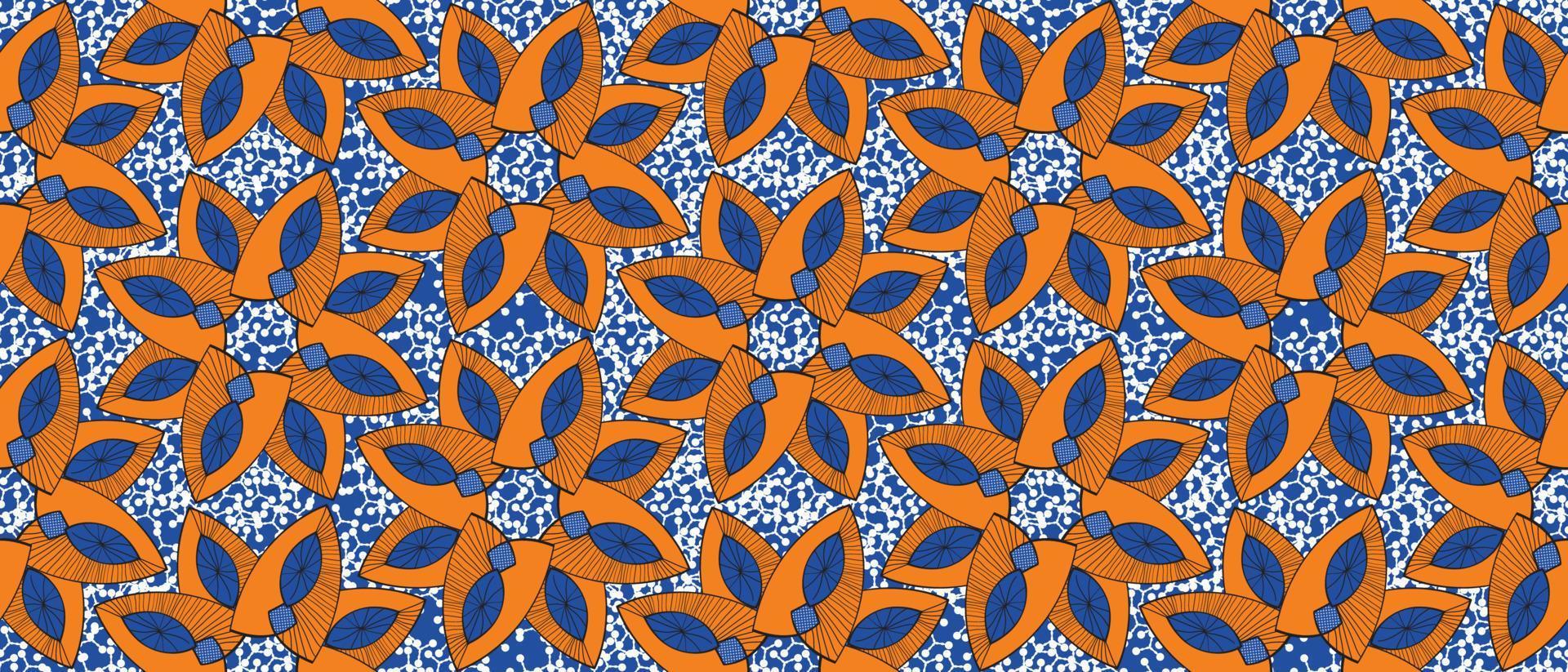 African wax print pattern. seamless beautiful Kitenge, chitenge, dutch wax, and Angara style. geometric shapes fashion design in colorful. orange botanical flower on blue background. African Wax Print vector