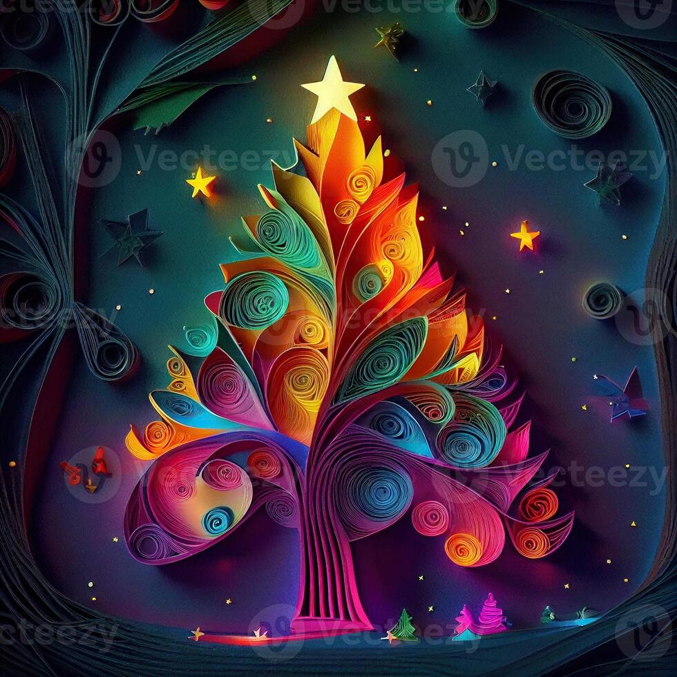 illustration of photo paper cut quilling multidimensional paper cut, craft paper illustration, christmas tree and colored lights vine stars, pop color. Neural network generated art.
