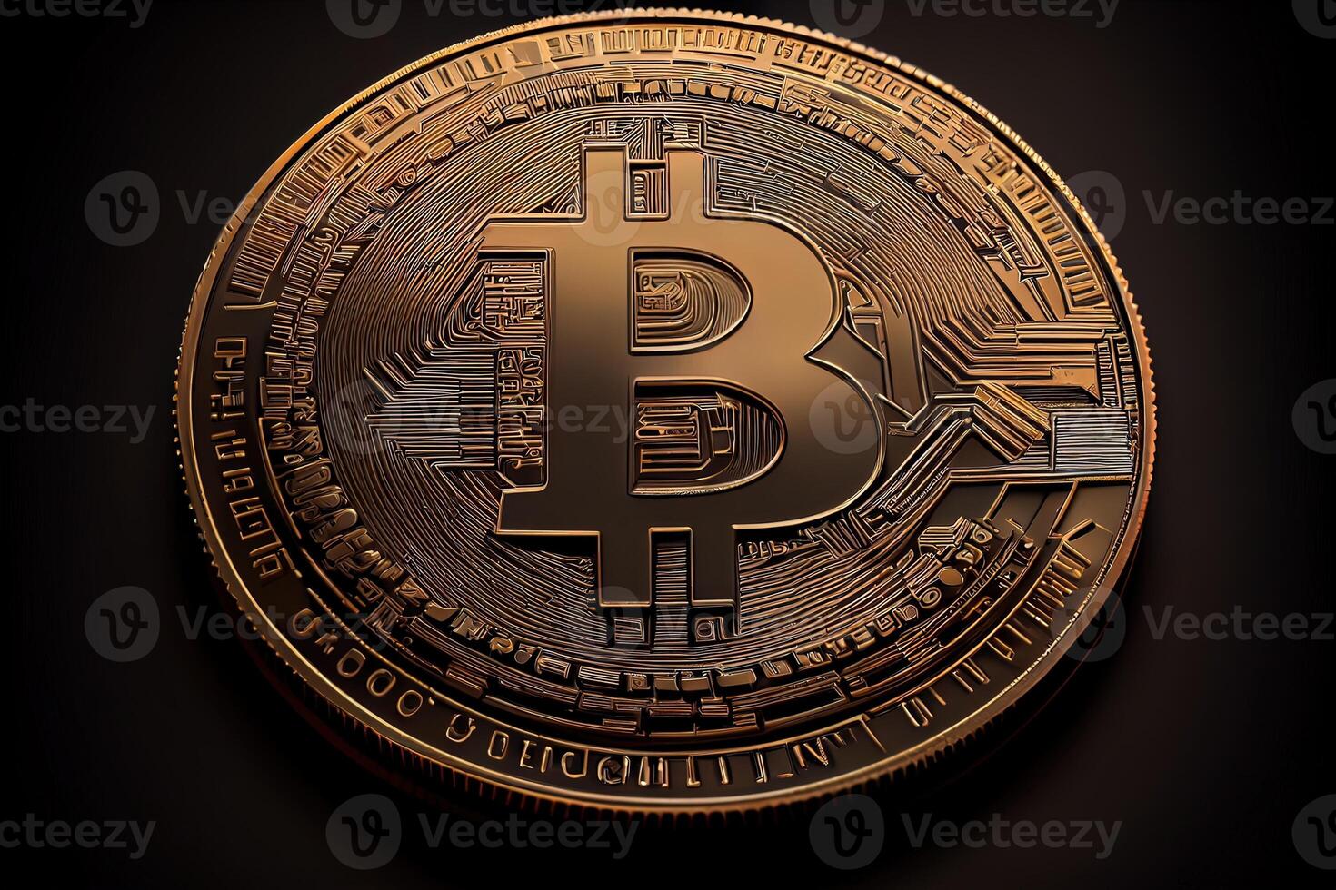 illustration of stunning rendering of a gold bitcoin, shiny golden texture with beautiful reflections, cinematic lighting photo