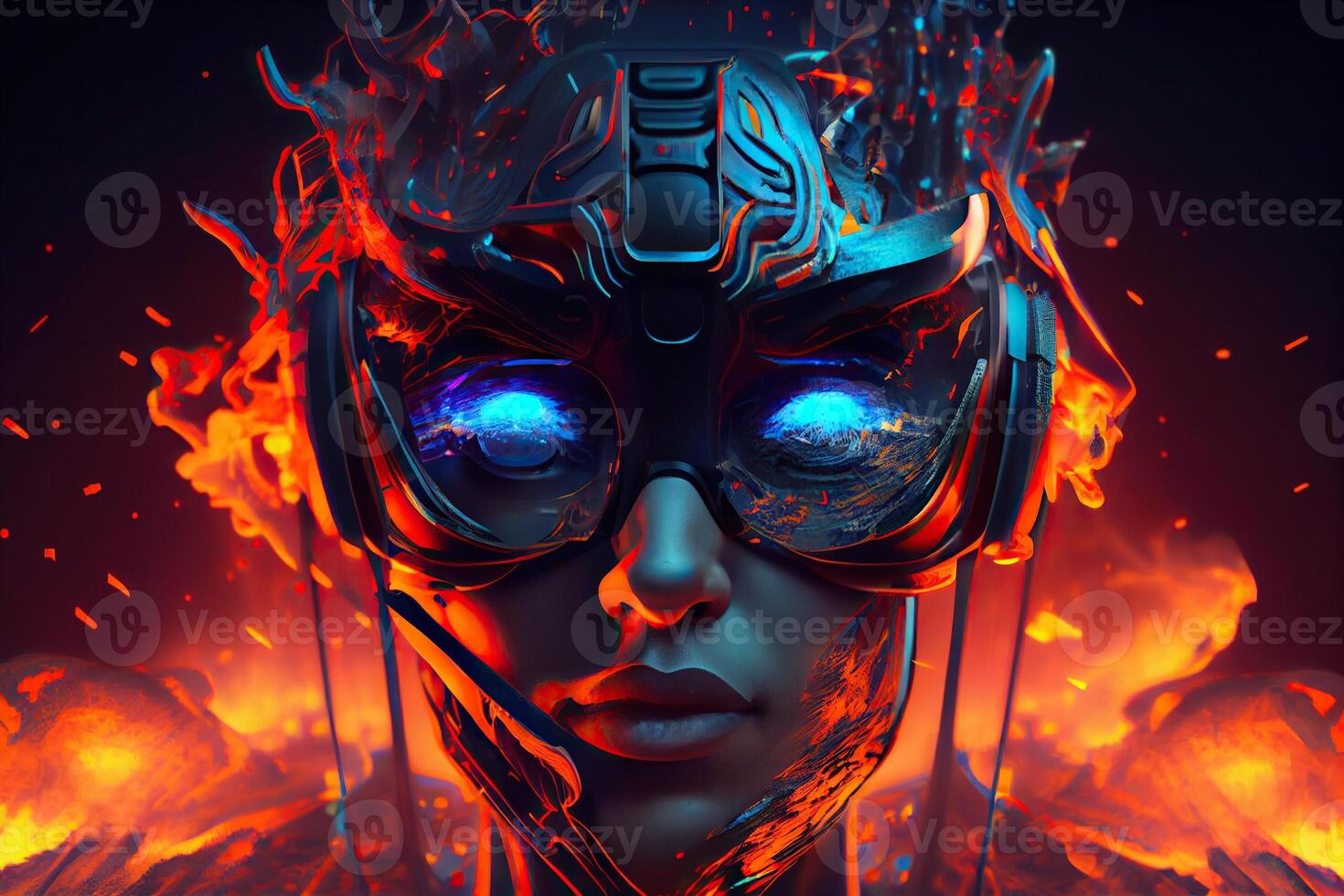 illustration of Metaverse concept and virtual world elements. Side view of human face in augmented or virtual reality headset inside the metaverse photo