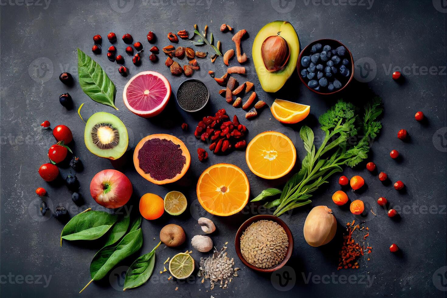 illustration of healthy food clean eating selection on gray concrete background photo