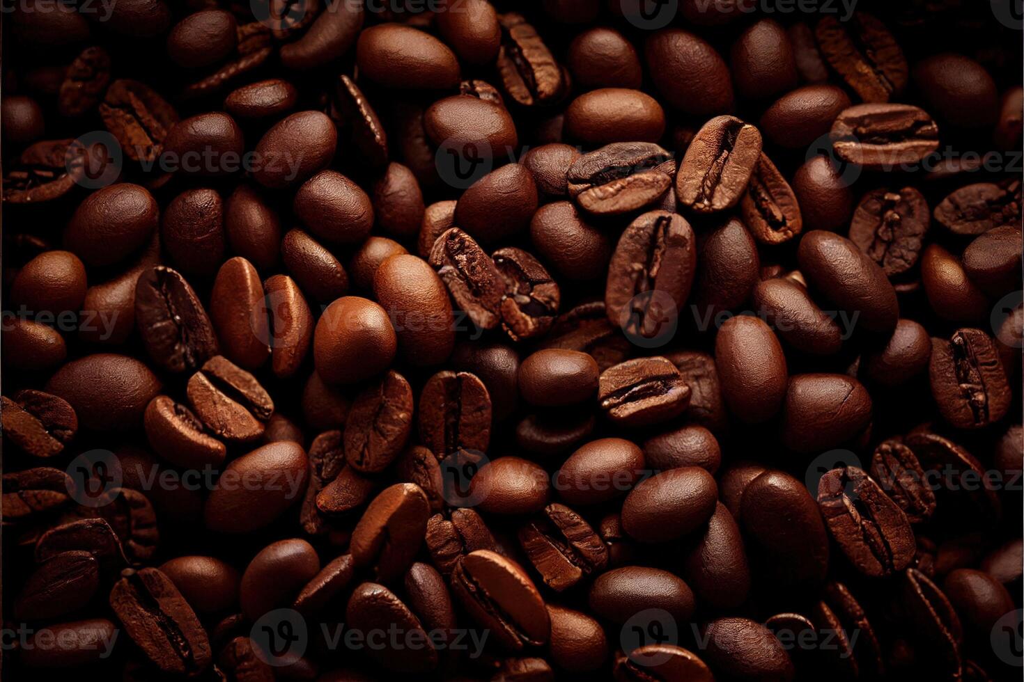 illustration of Roasted Coffee Beans Closeup On Dark Background, blurred background photo