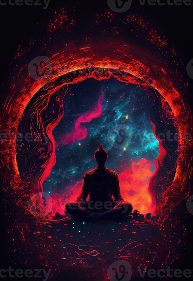 illustration of higher, yoga relax chill out dmt visions spirit. 7 colored chakras meditation DMT hallucinations. Multiverse connected through a nervous system - trippy psychedelic photo