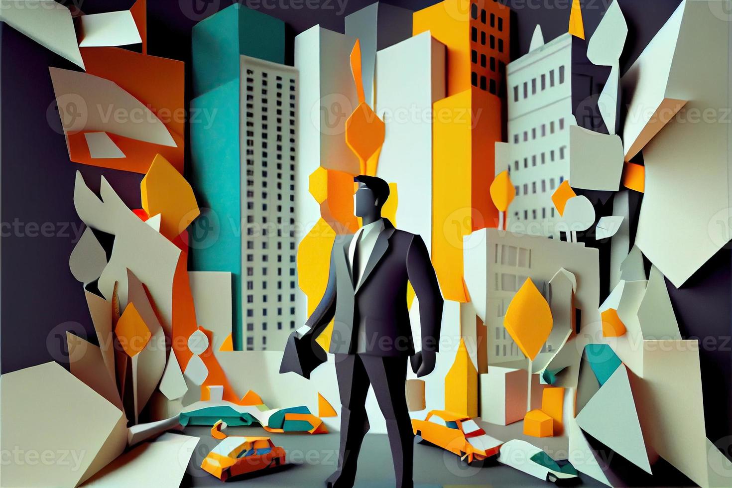 Business man in the city background, colorful. Business handshaking, successful concept. Paper cut craft, 3d paper illustration style. Neural network generated art. photo