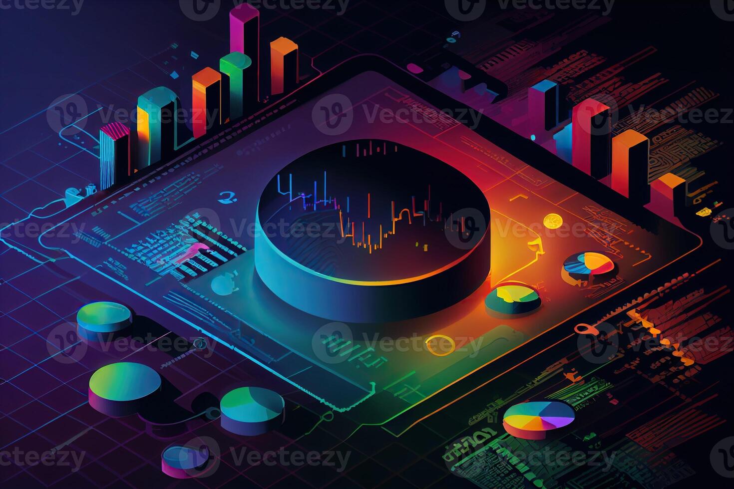 illustration of crypto market data, chart, silhouette crypto currency market, isometric, colorful gradient background photo