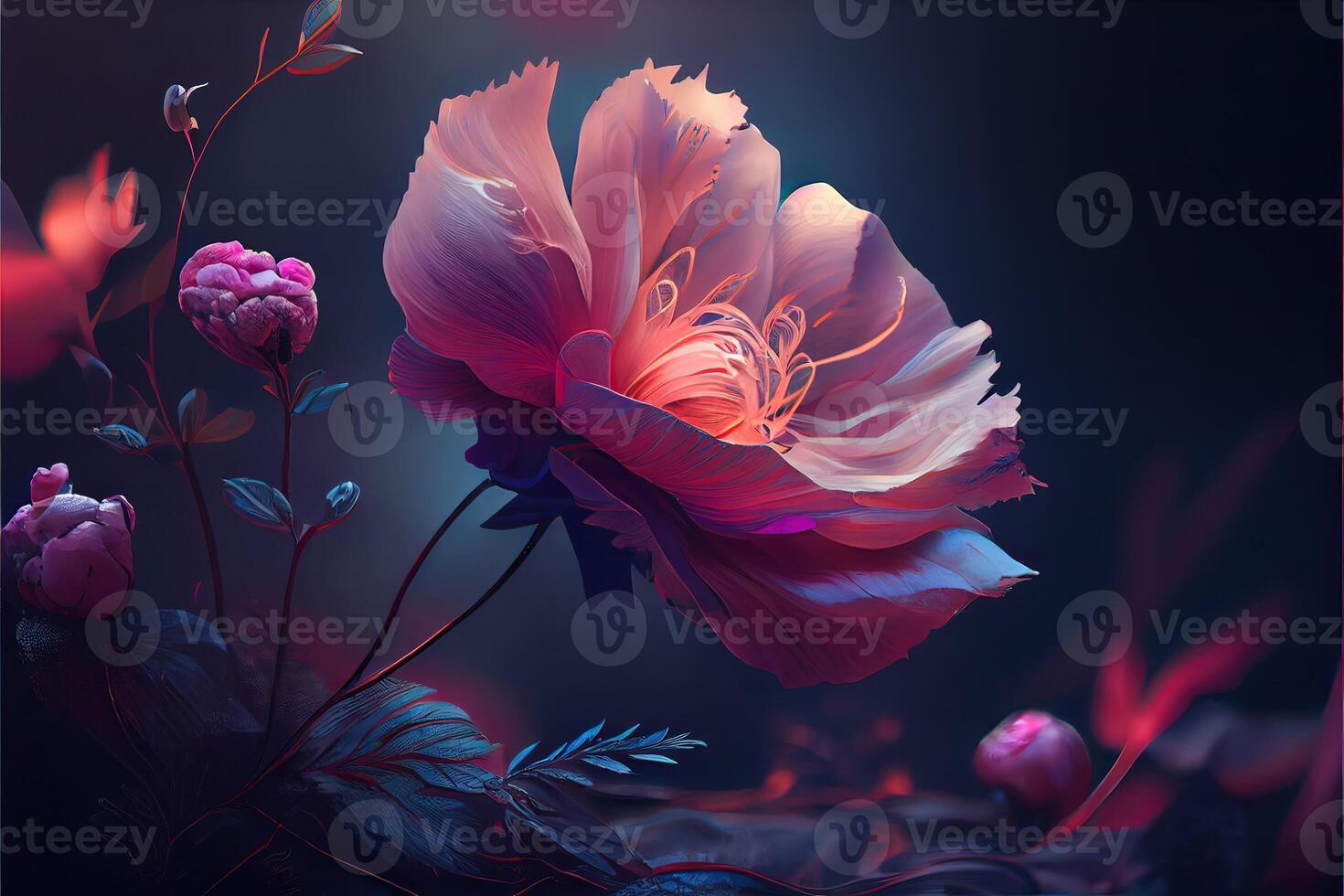 illustration of flowers concept art. Chinese digital art, style and background. Retro texture. Close focus. photo