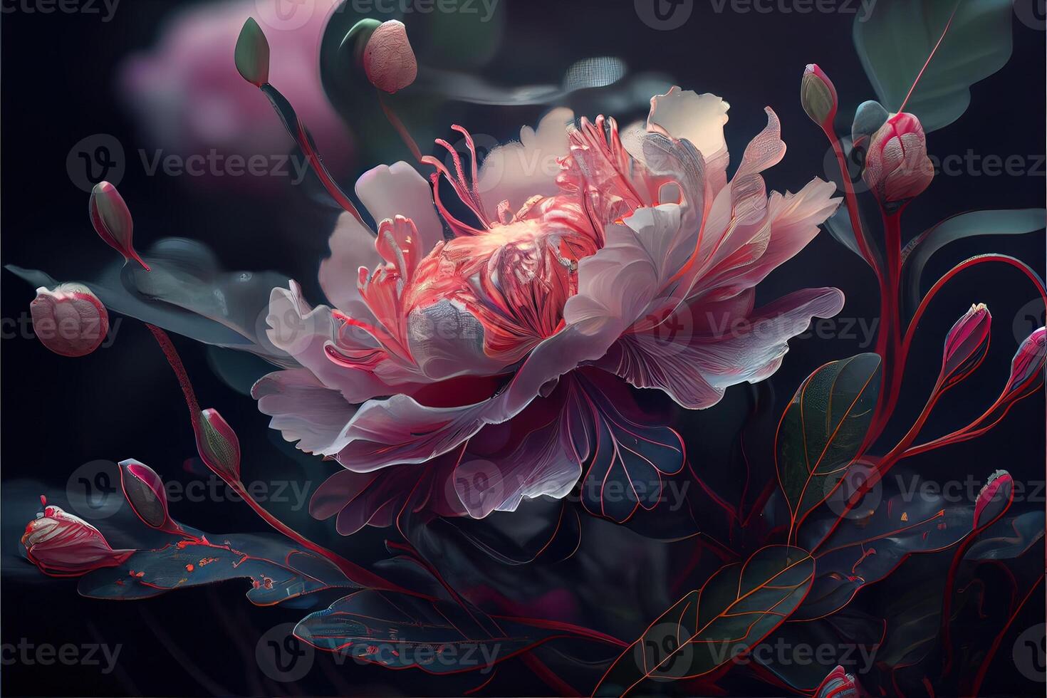 illustration of flowers concept art. Chinese digital art, style and background. Retro texture. Close focus. photo
