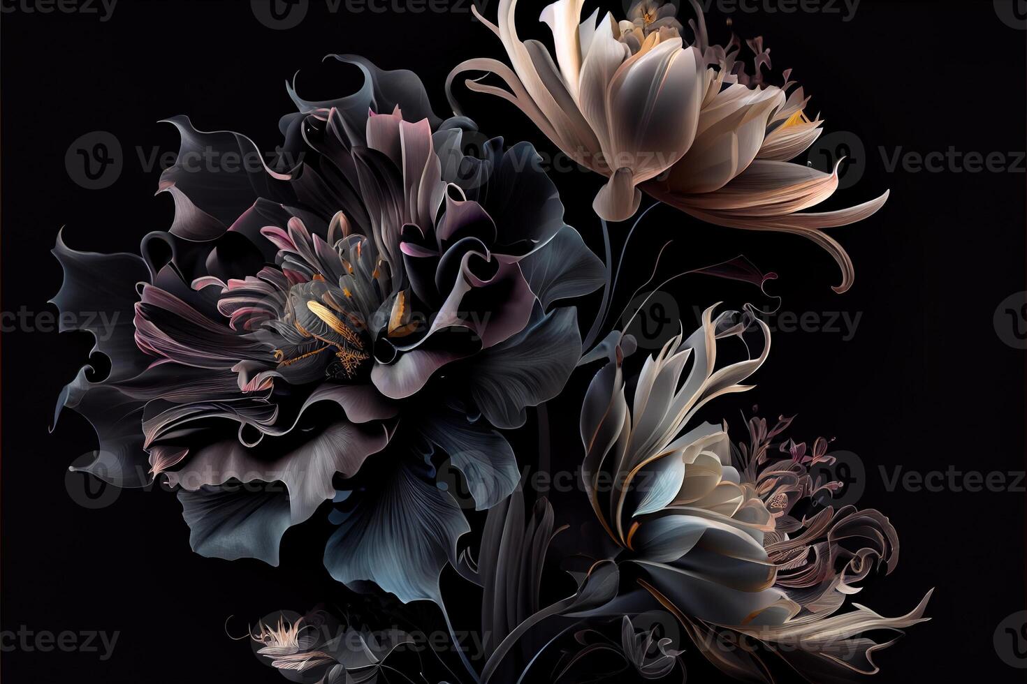 illustration of beautiful dark abstract exotic flowers. Luxurious dark ink flowers and patterns. photo