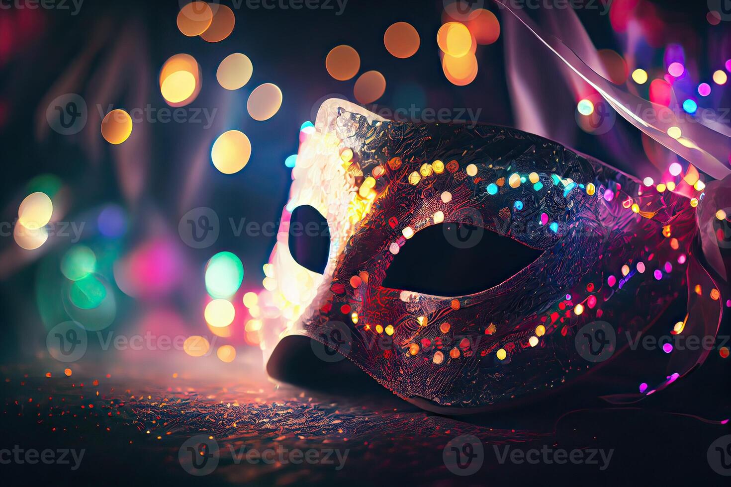 illustration of the vibrant energy and excitement of Brazilian Carnival, Venetian Carnival mask and confetti with abstract defocused bokeh lights and shiny streamers photo