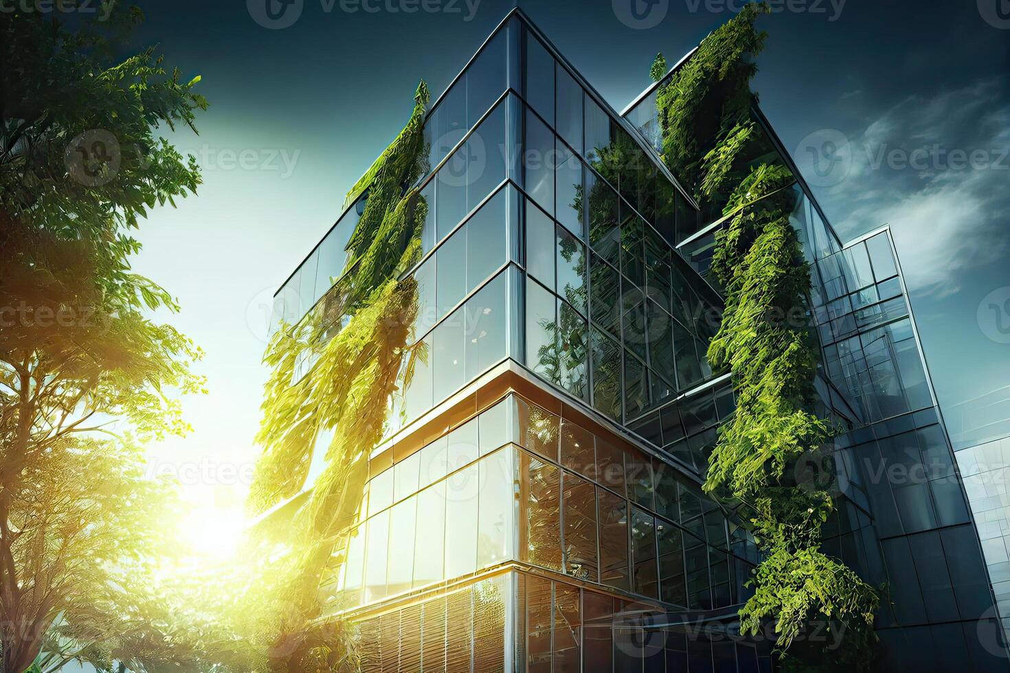 illustration of eco friendly construction in a contemporary metropolis. A sustainable glass building with green tree branches and leaves for lowering heat and carbon dioxide. photo