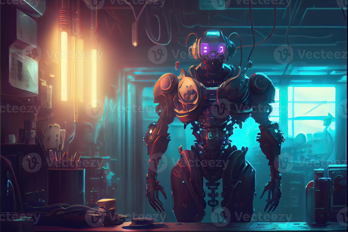 illustration of humanoid robot working in research laboratory. Artificial intelligence, automation of science, studio lighting, fantasy composition, cyberpunk photo