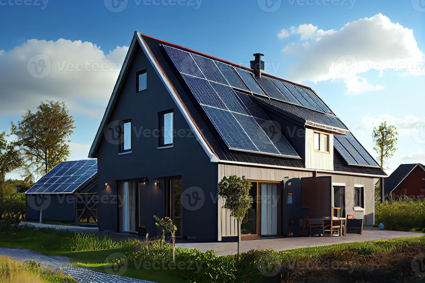 illustration of a newly constructed houses with solar panels on the roof under a bright sky, a close up of a brand new structure with blue solar panels photo