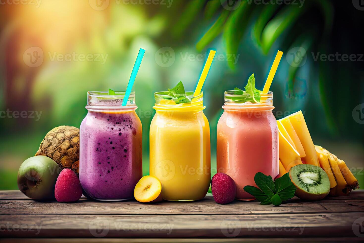 illustration of smoothies and juices made from a variety of fresh fruits from the tropics. Clean eating, a healthy diet, and vitamin infused beverages are concepts, blurred background photo