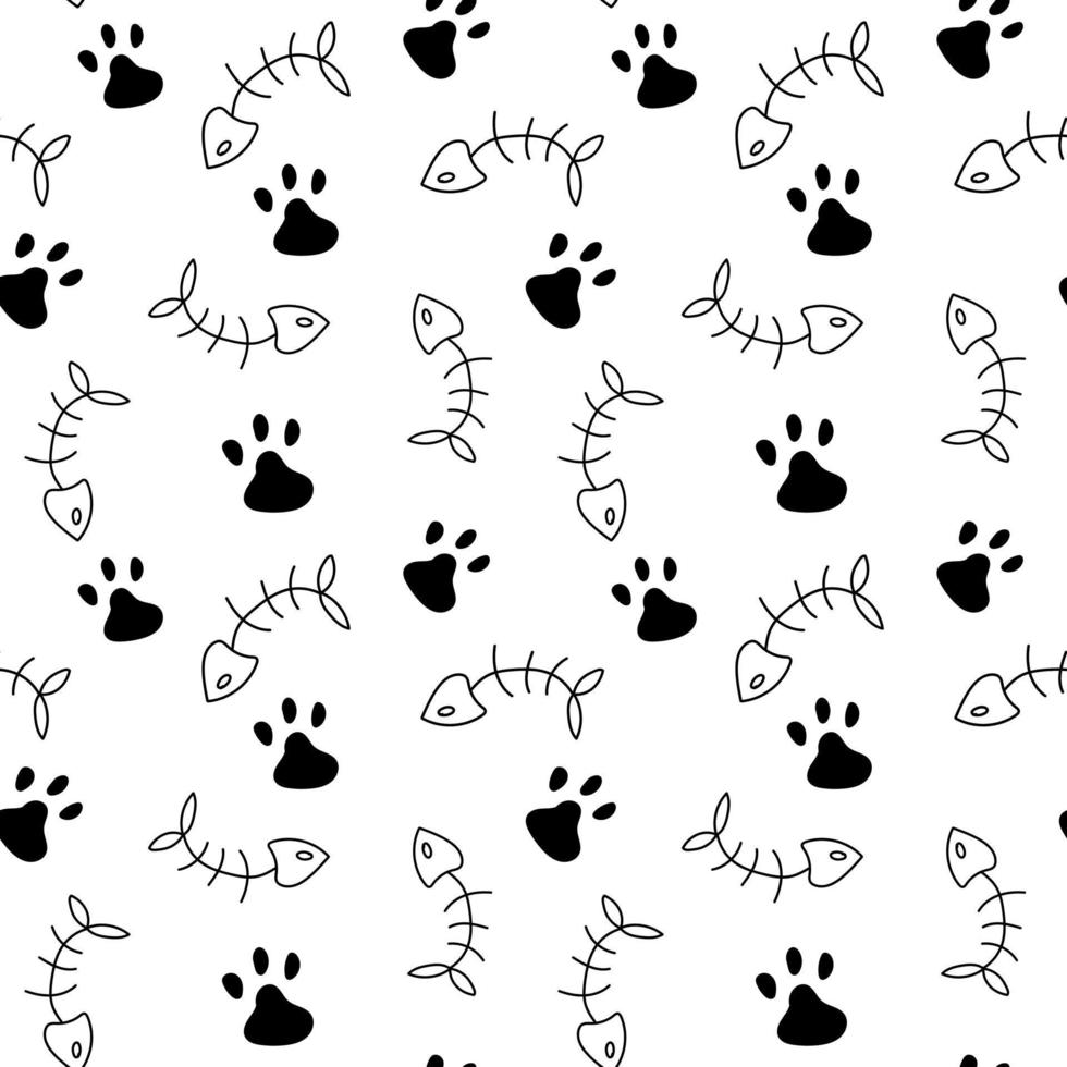 Cat paw, fish bone Seamless Pattern white background. Vector illustration. Animal cute pattern. Wallpaper and fabric design and decor.
