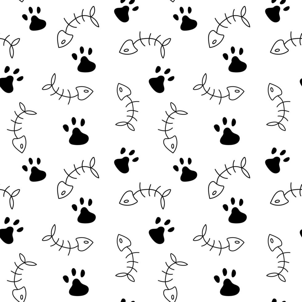 Cat paw, fish bone Seamless Pattern white background. Vector illustration. Animal cute pattern. Wallpaper and fabric design and decor.