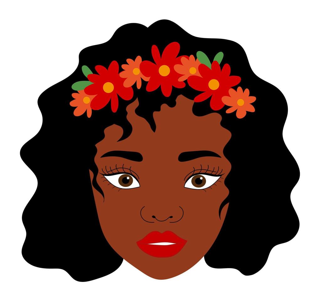 Black woman head with wreath flowers. Vector illustration of a black girl with curly hair. Poster, postcard, avatar.