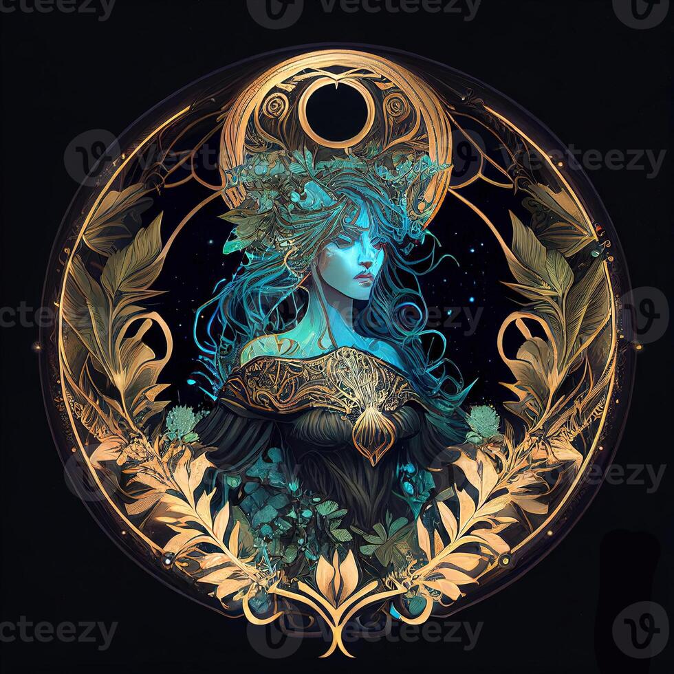 illustration of cyberpunk Zodiac sign with a forest growing on shoulders, galaxy, centered inside intricate gold circle of foliage photo