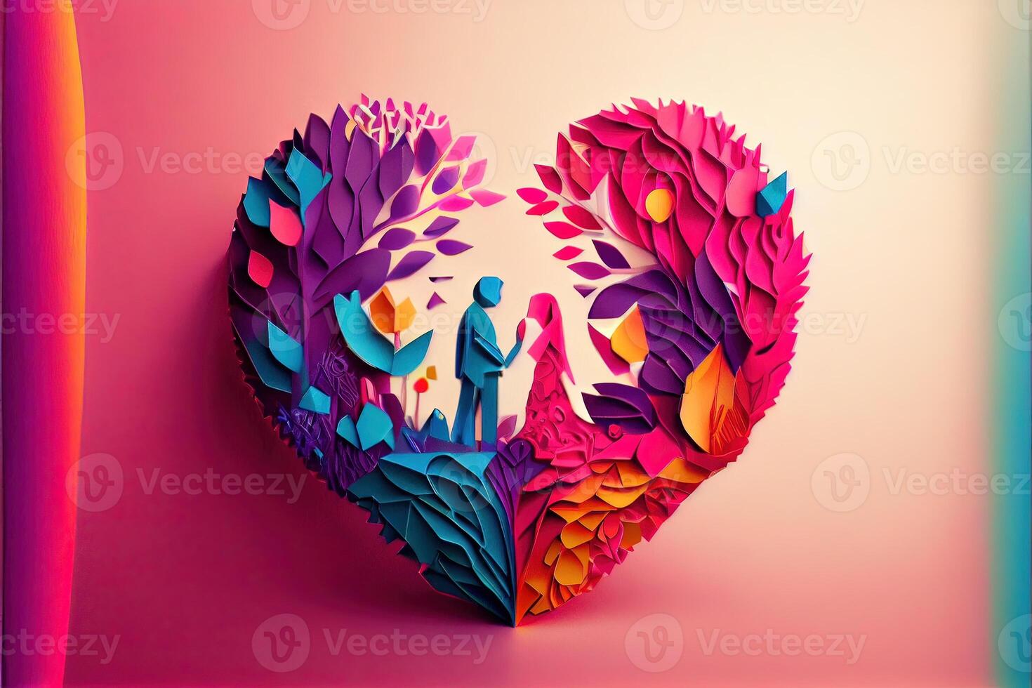 illustration of origami Valentine day background, happy couple, colorful. Paper cut craft, 3d paper style. Neural network generated art. Digitally generated image photo