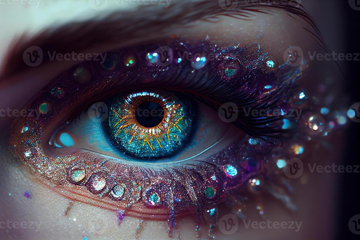 illustration of beautiful female eyes with carnival glass sparkly eyeshadow. Close focus. photo