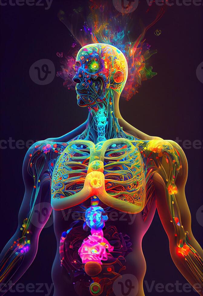 illustration of higher, yoga relax chill out dmt visions spirit. 7 colored chakras meditation DMT hallucinations. Multiverse connected through a nervous system - trippy psychedelic photo
