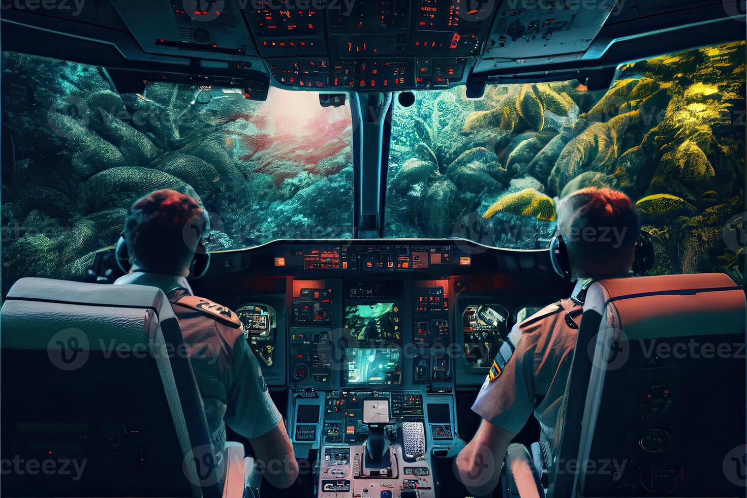 illustration of aircraft flight deck. The pilots at work. View from airplane cockpit photo
