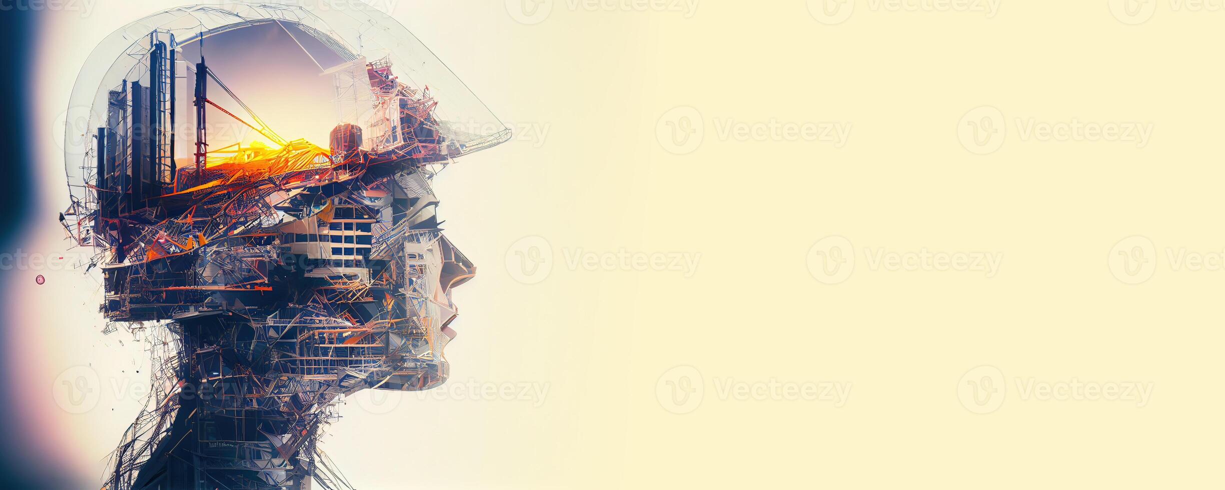 illustration of building construction engineering project devotion with double exposure design in head. Industrial and architecture. Neural network generated art. photo