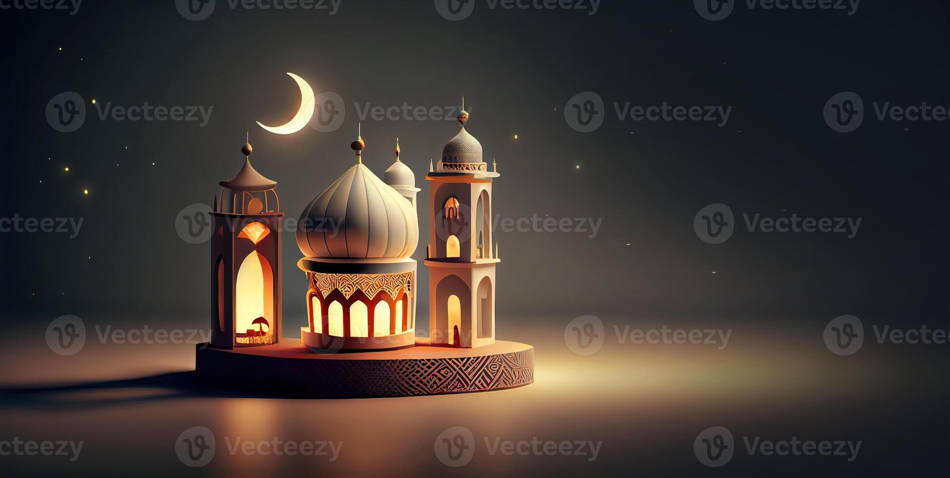 illustration of Islamic holiday. Ramadan night. Mosque and lantern displayed on stages with glowing light in the evening. Wallpaper and banner background. photo