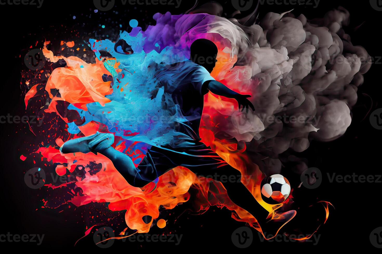 generativo ai ilustración de el esencia de un fútbol jugador en movimiento como ellos patada un pelota con intenso energía, rodeado por vibrante colores y salpicaduras foto