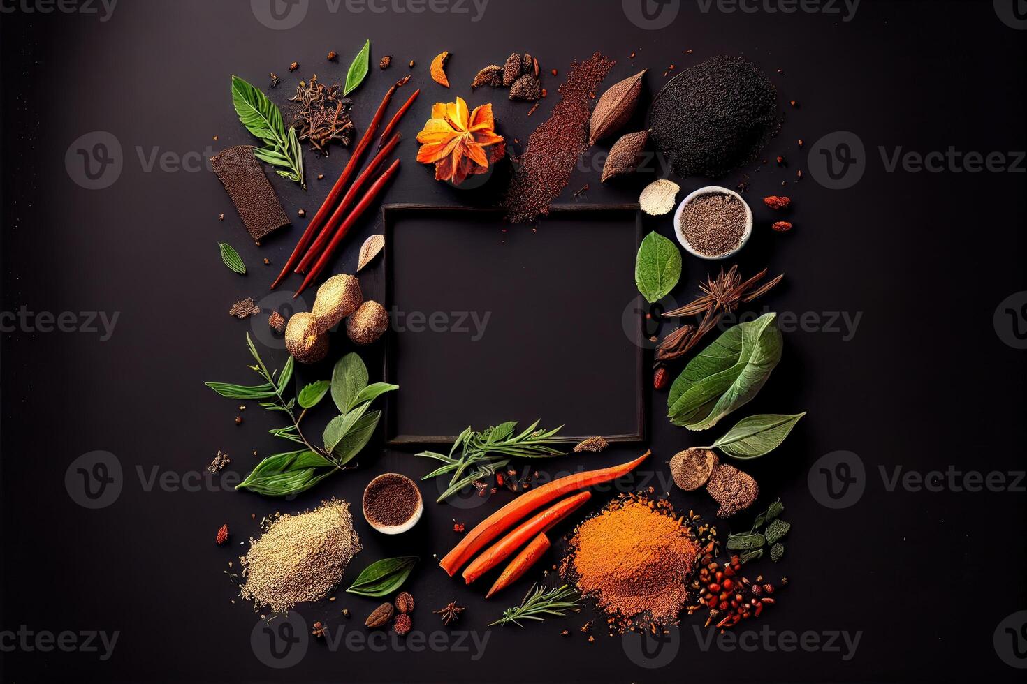 illustration of wide variety spices and herbs on background of black table, with empty space photo