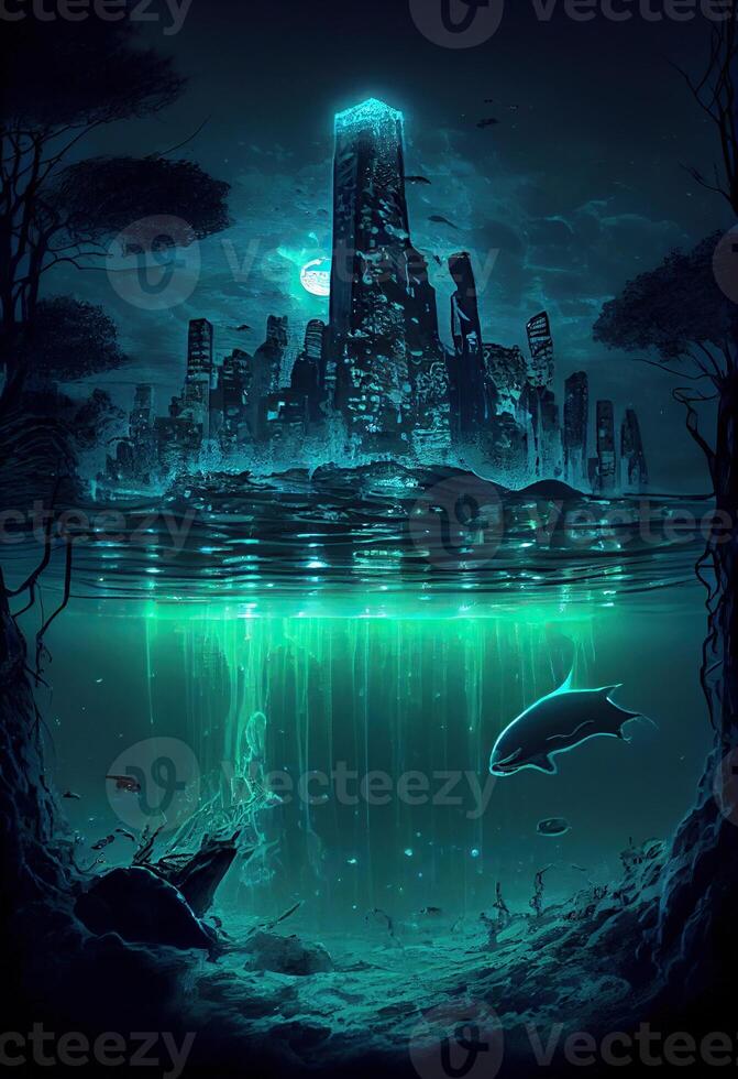 illustration of bio luminescent city under water photo