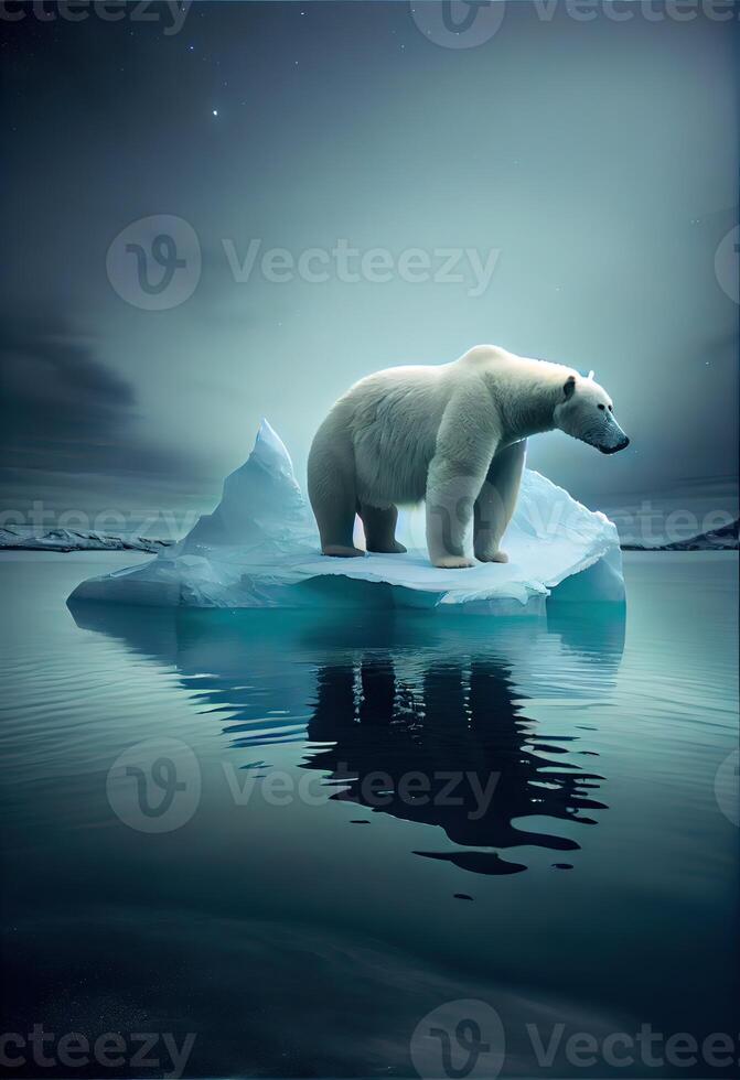 illustration of lonely white bear on iceberg, aurora sky photo