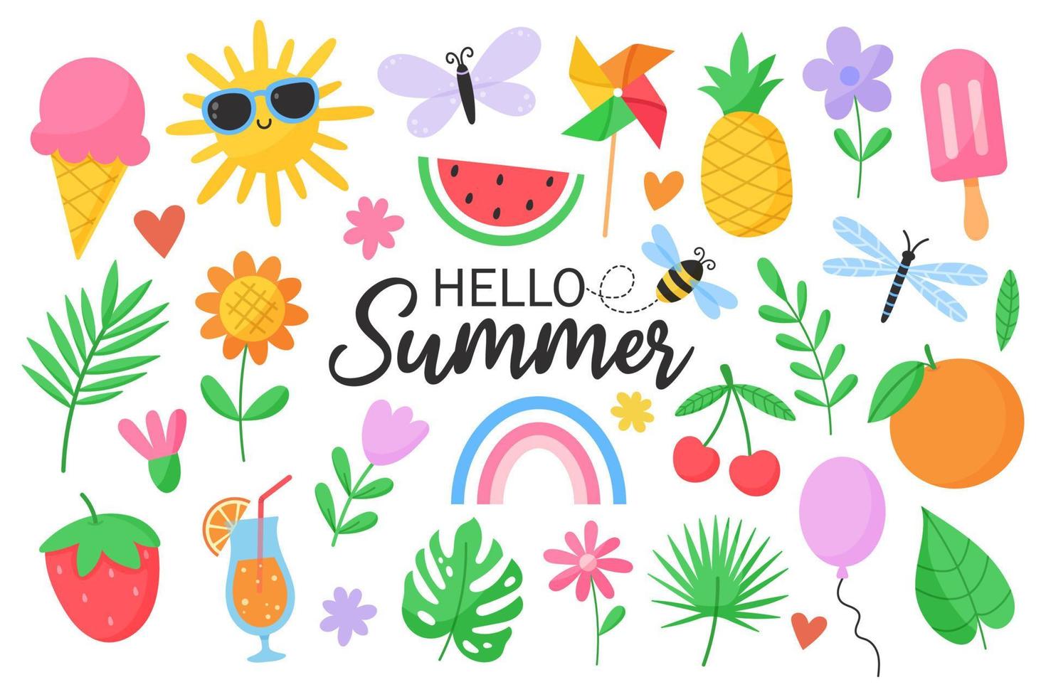 Set cute summer elements. Hello summer lettering. Cartoon vector illustration.