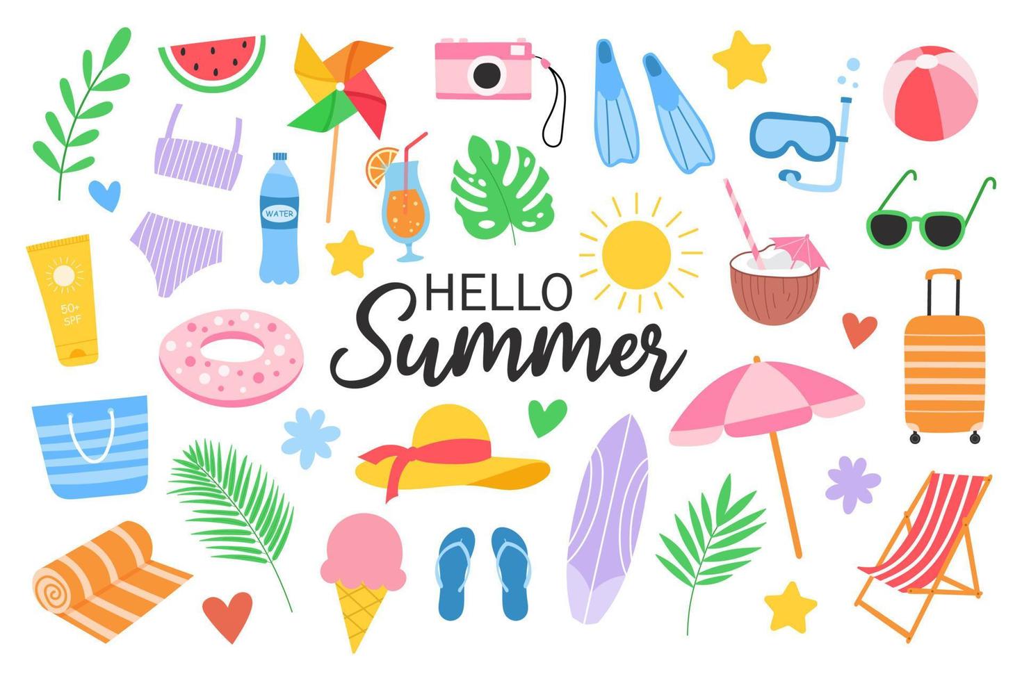 Set cute summer holiday beach elements. Hello summer lettering. Cartoon vector illustration.