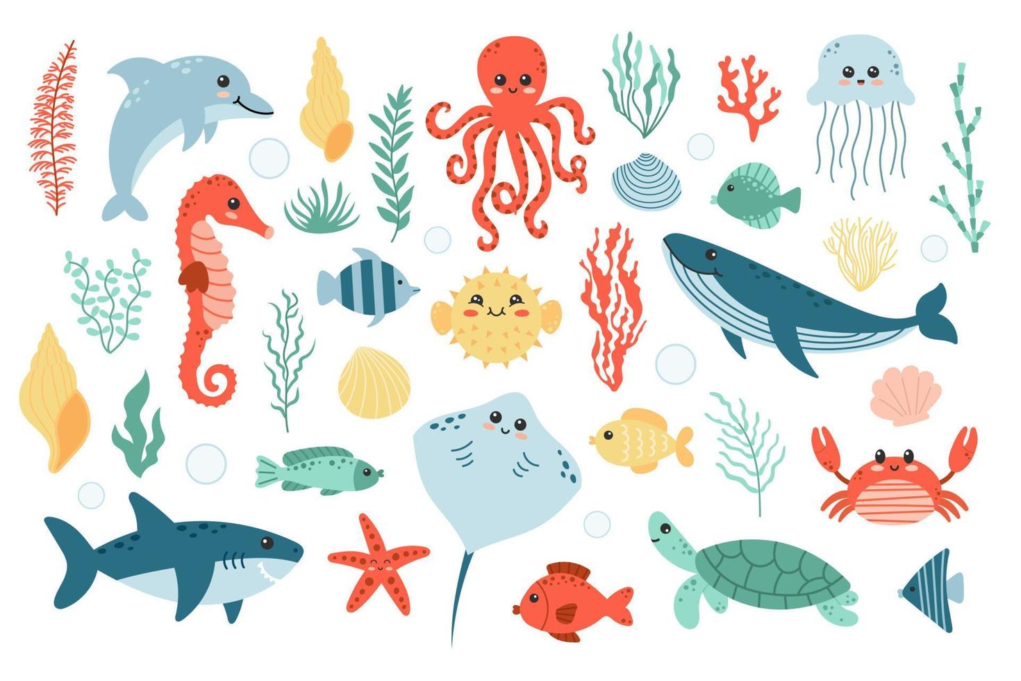 Set with cute sea life elements. Cartoon vector illustration.
