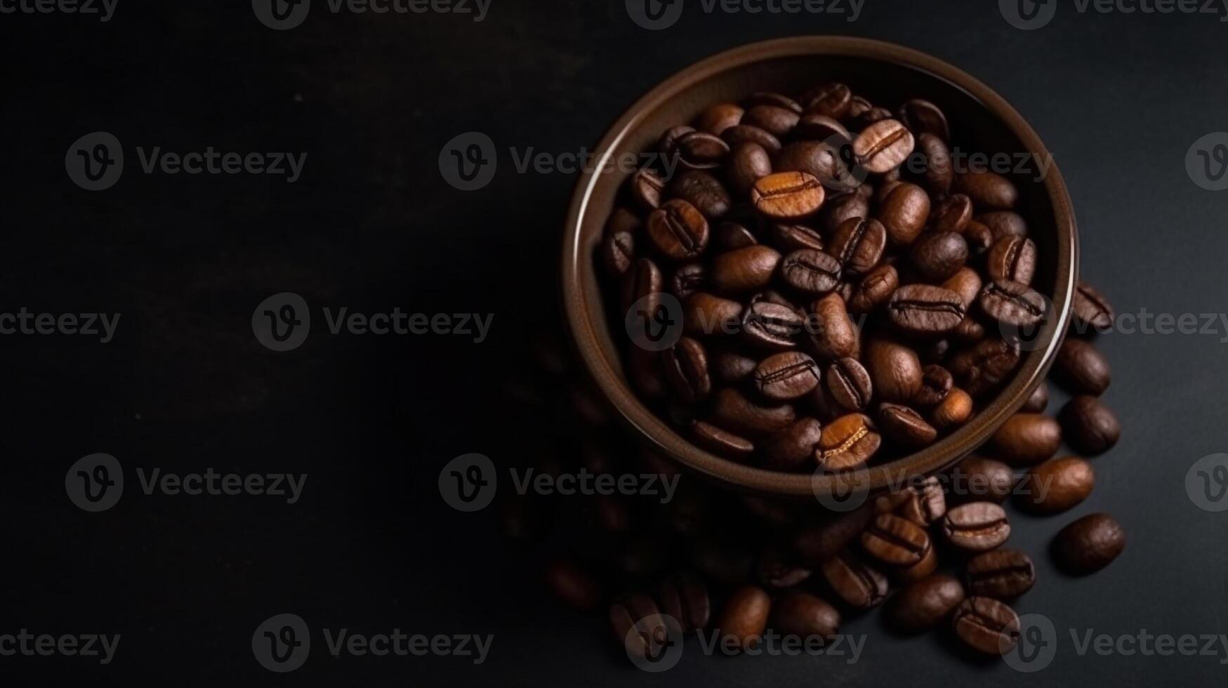 A bowl of roasted dried coffee beans studio shot good for product and marketing with some copy space or for background and backdrop. Flat lay, copy space, close up macro product and studio shot. photo