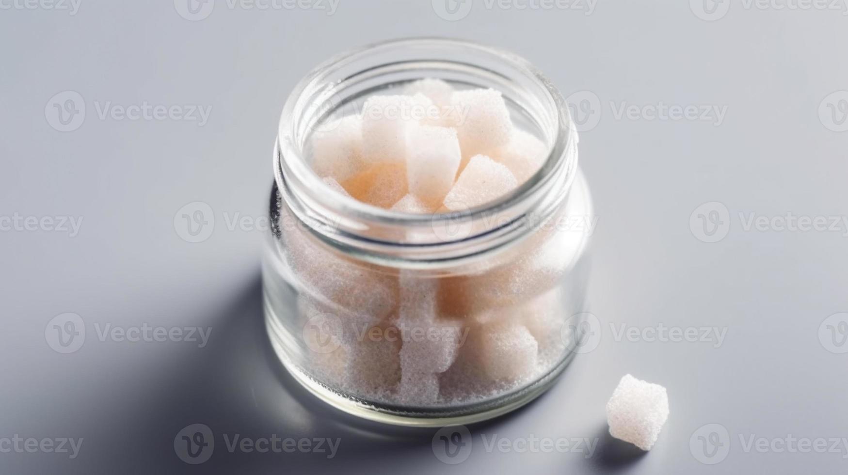 White sugar cube in a glass jar studio product shot photography presentation on white background. photo