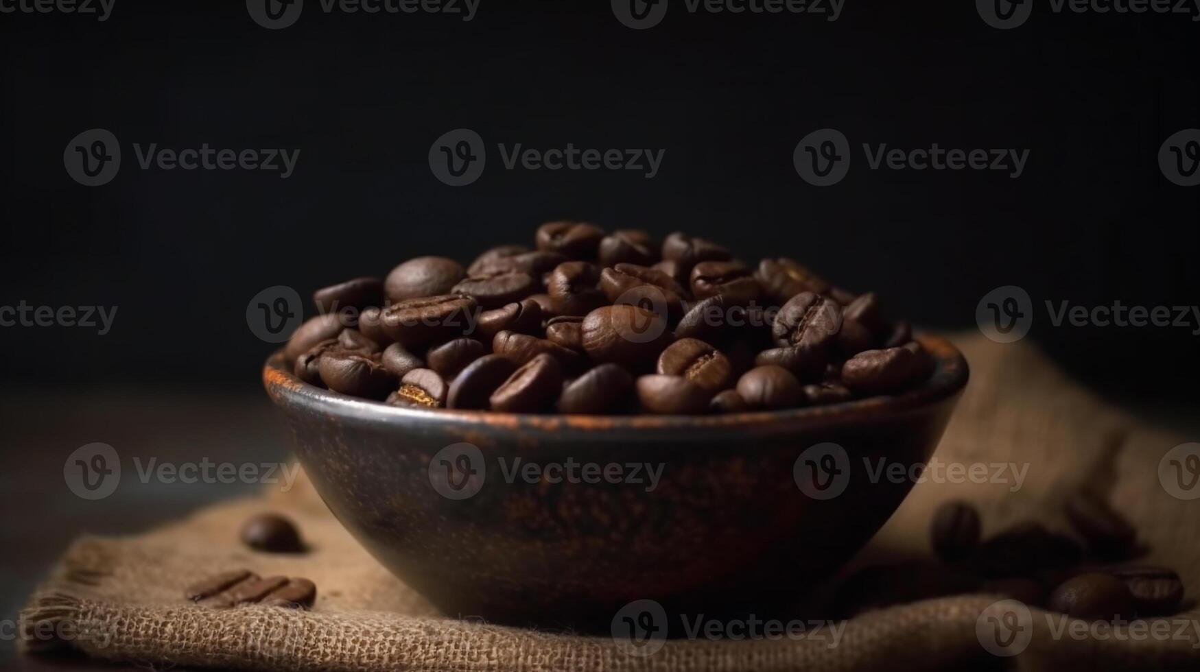 A bowl of roasted dried coffee beans studio shot good for product and marketing with some copy space or for background and backdrop. Close up macro product and studio shot. photo