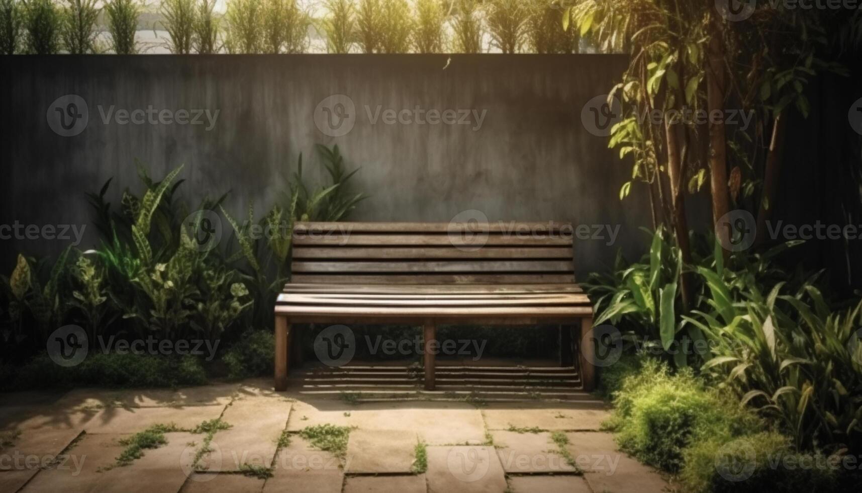 Backyard garden wooden bench a place to sit and relax with nature and plant surround. Background and backdrop. photo