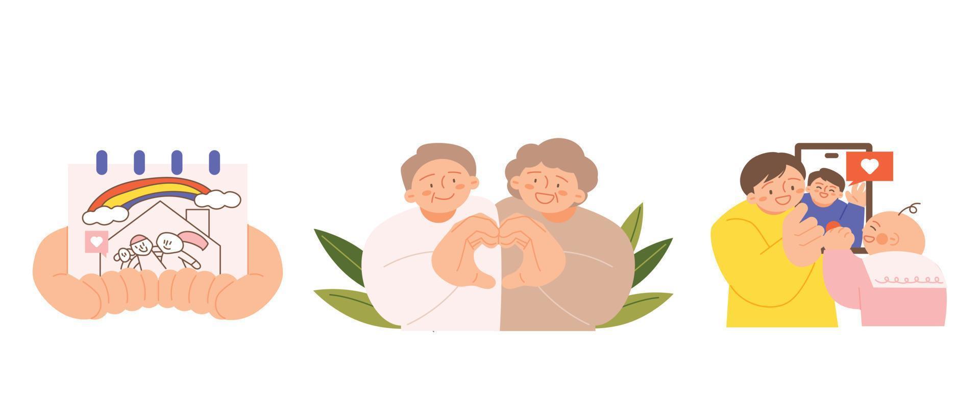 familia mes. personas quien apreciar su padres y amor su niños. un imagen de un contento casa, abuelos haciendo un mano corazón, y un familia haciendo un vídeo llamar. vector