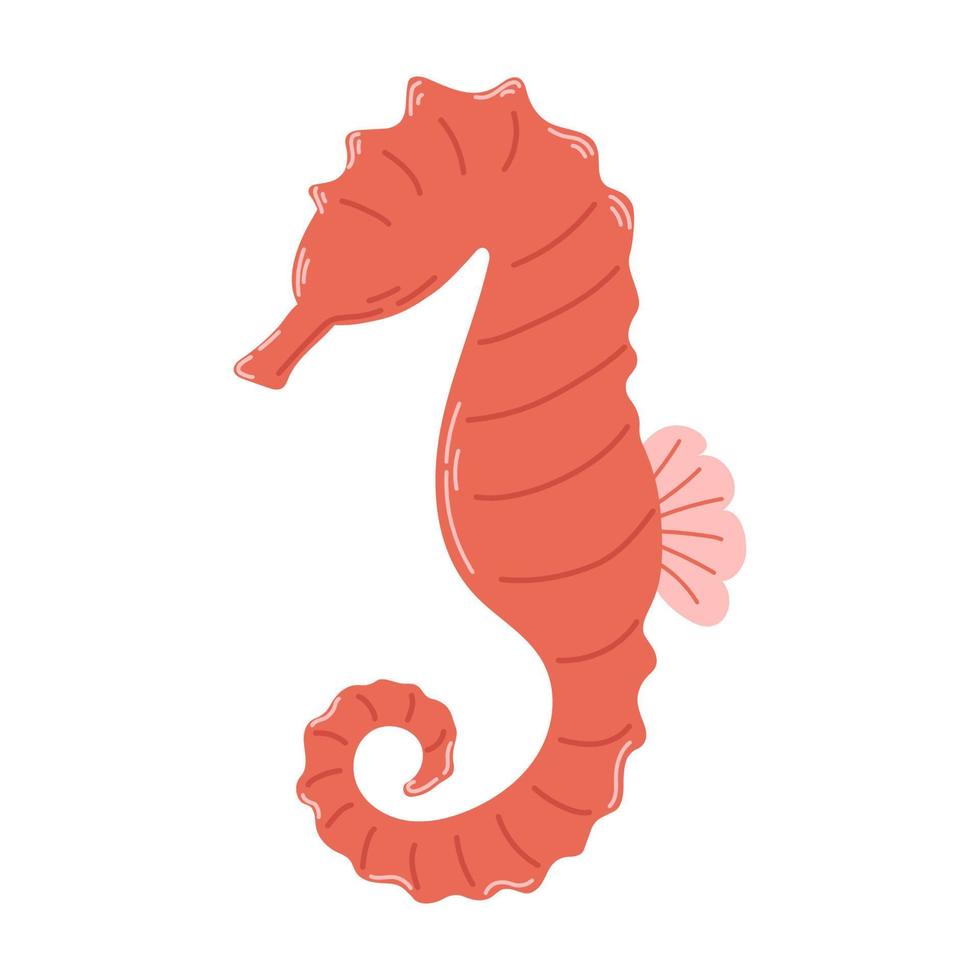 Red seahorse isolated on white background. Simple underwater inhabitant. Modern hand drawn flat illustration. vector